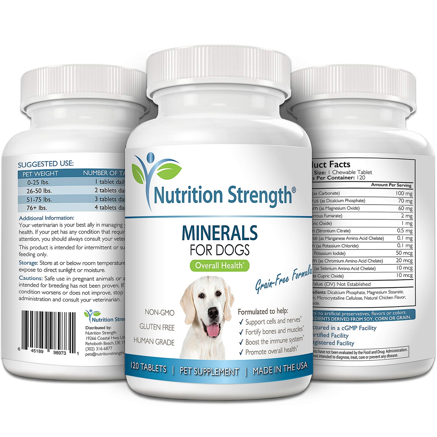 Nutrition Strength Minerals for Dogs, Support Cells & Nerves, Fortify Bones & Muscles, Promote Overall Health with Calcium, Phosphorus, Magnesium, Potassium, Selenium, Iron, Zinc, 120 Chewable Tablets