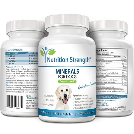 Nutrition Strength Minerals for Dogs, Support Cells & Nerves, Fortify Bones & Muscles, Promote Overall Health with Calcium, Phosphorus, Magnesium, Potassium, Selenium, Iron, Zinc, 120 Chewable Tablets