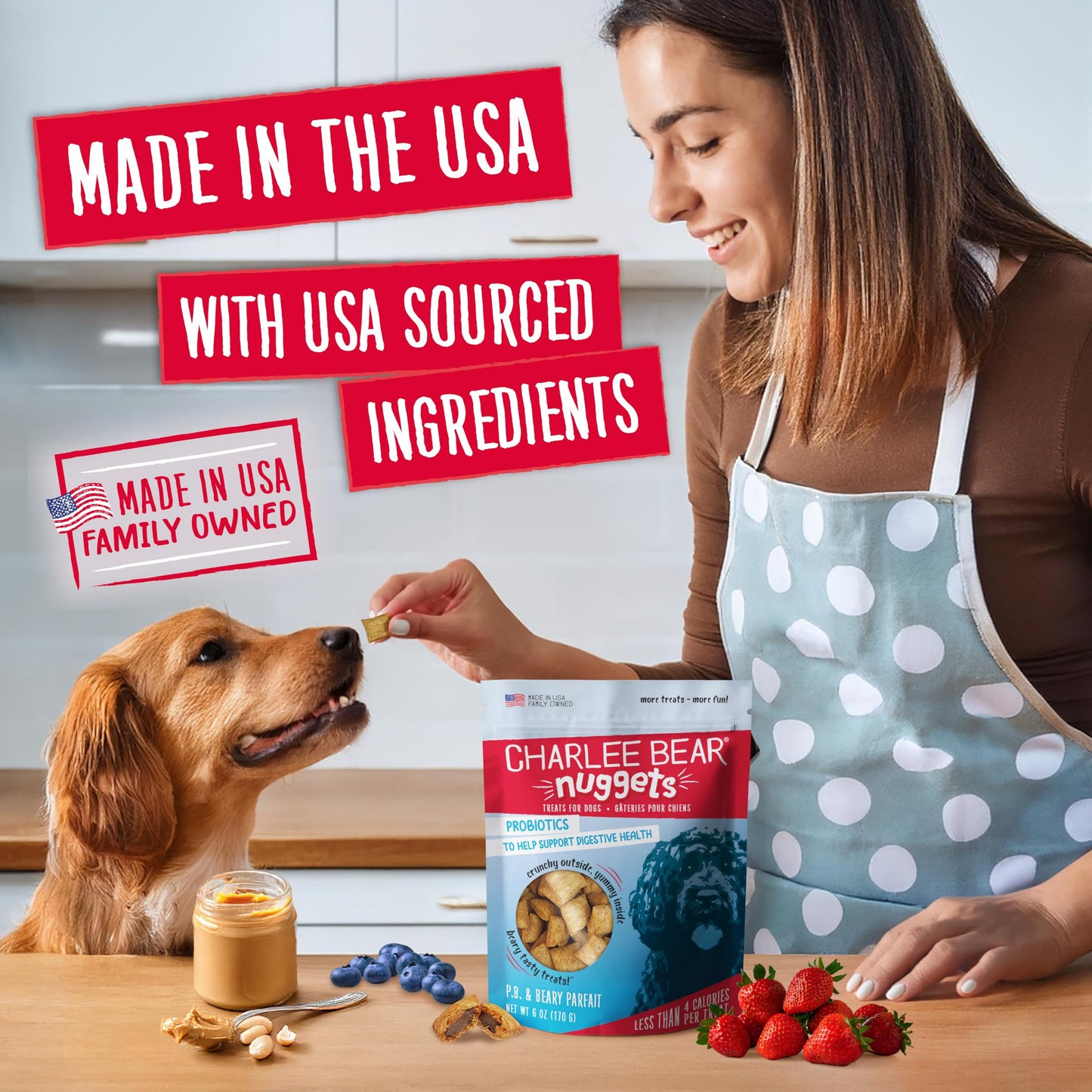 Charlee Bear Nuggets Crunchy and Soft Dog Treats, Peanut Butter and Beary Parfait, 6 Ounce Resealable Bag, Digestive Health Support, Grain Free, Low Calorie, Healthy Dog Snacks