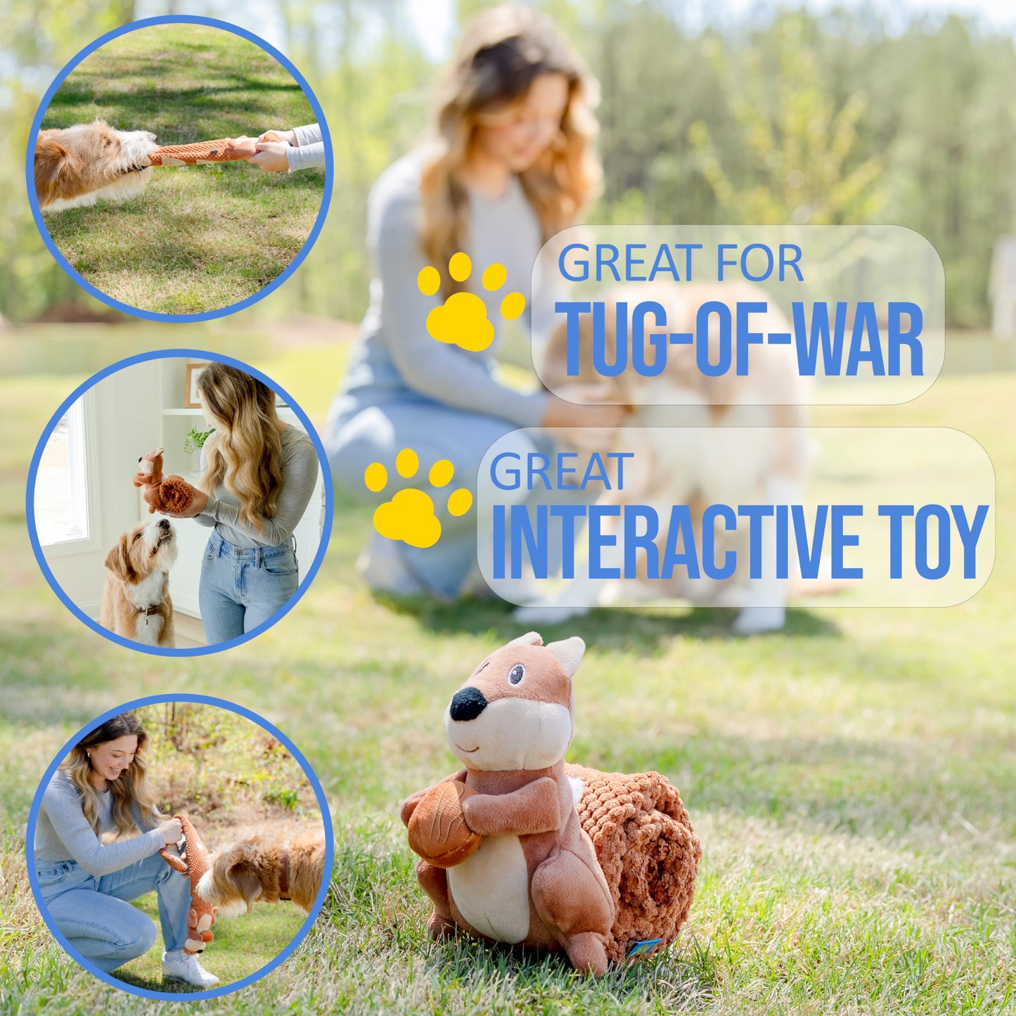everyday joy Crinkle Dog Toy Plush Toy - Long Tug-of-War Squeaky Dog Toy Boredom Buster Toys with Snack Pockets - Durable Enrichment Mentally Stimulating Toys for Dogs Small, Medium, Large - Squirrel
