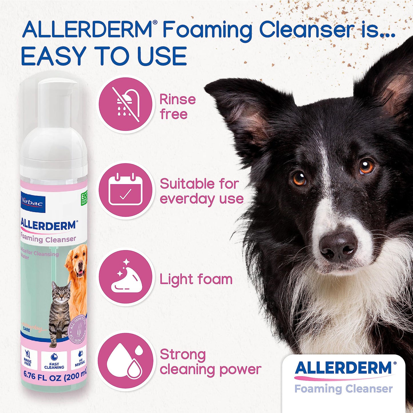 ALLERDERM Foaming Cleanser- Rinse-Free Waterless Micellar Foam for Dogs and Cats with Sensitive Skin by Virbac