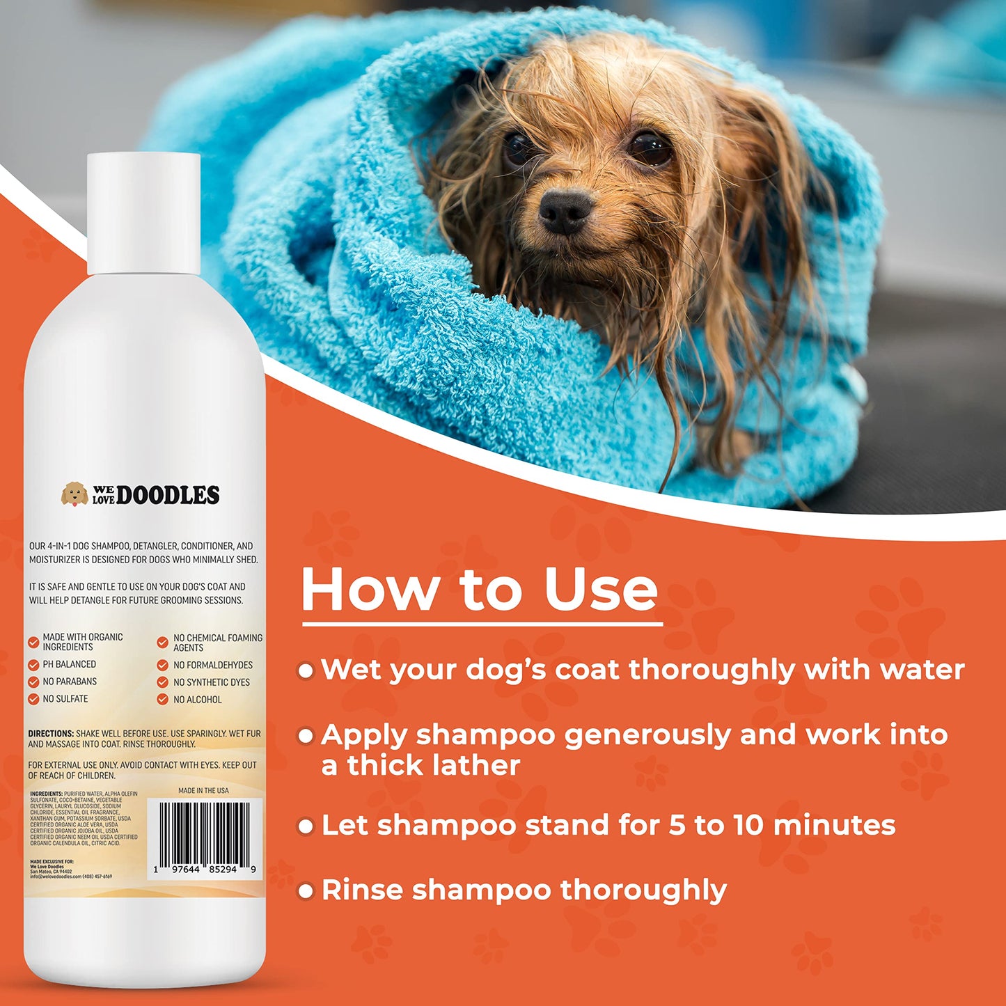 We Love Doodles Dog Shampoo Mango & Curved Slicker Brush - Pet Shampoo for Matted Hair, Sensitive Skin Shampoo for Puppies, for Long-Haired Dogs, Poodle, Golden Doodle, and Dematting (Large)