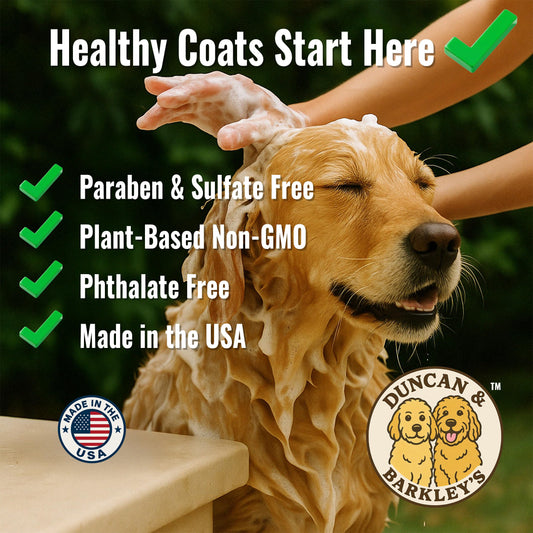 Duncan & Barkley’s Oatmeal & Aloe Dog Shampoo and Conditioner 16 Oz Bottles - Cozy Vanilla Cupcake Scent, Gentle Pet Wash for Sensitive Skin and Vital Volumes Tips Card - Bundle