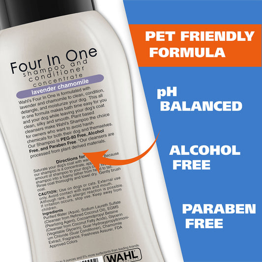 Wahl USA 4-in-1 Calming Dog Shampoo with Lavender Chamomile Scent – Cleans, Conditions, Detangles, & Moisturizes - Pet Friendly Formula - 24 Oz - Model 820000A