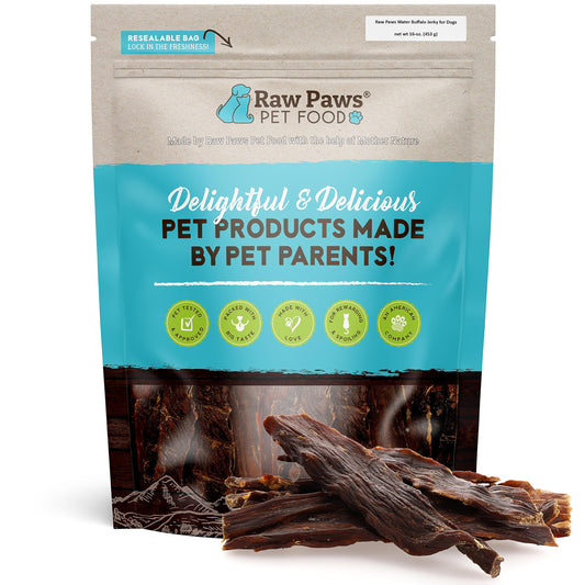 Raw Paws Water Buffalo Jerky Treats for Dogs, 16-oz - Packed in USA - Free-Range Pure Buffalo Meat - Beef Jerky Alternative - Treats for Dogs - Single Ingredient