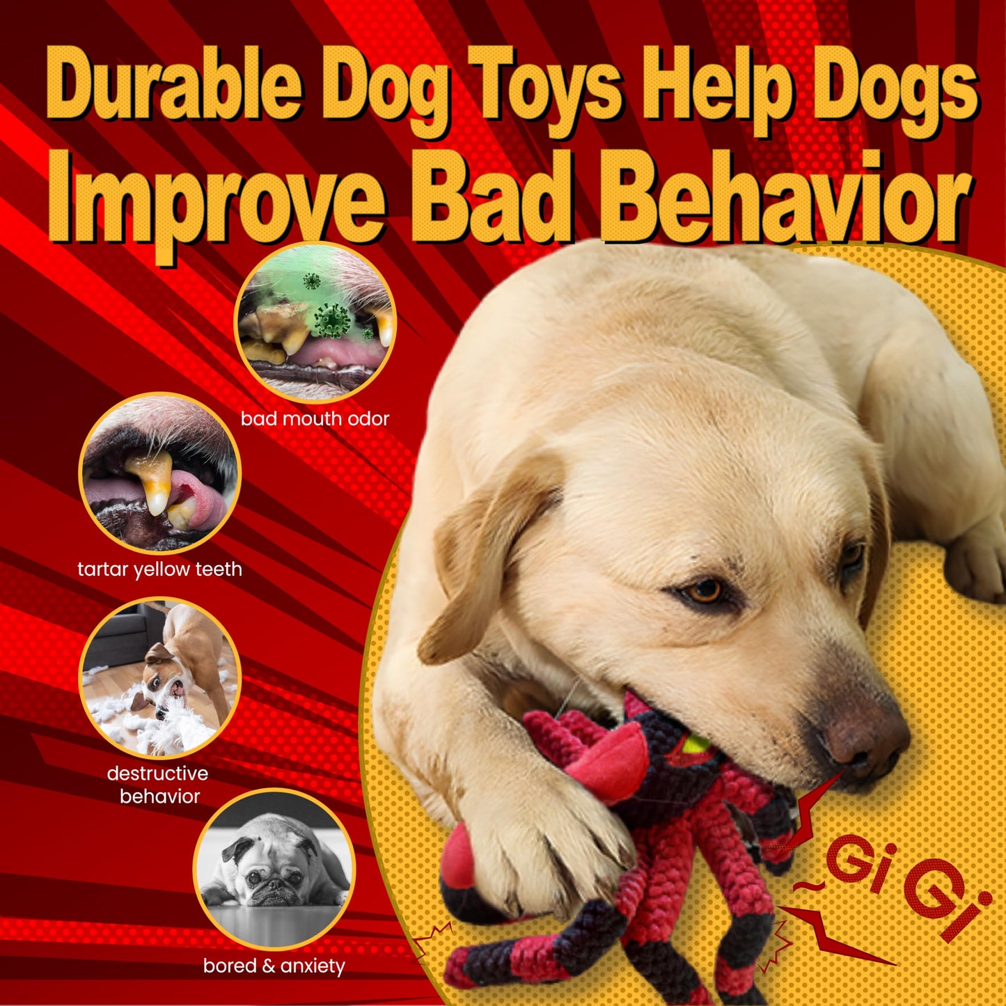 LEGEND SANDY Dog Toys for Large Dogs, Squeaky Dog Toys to Keep Them Busy, Interactive Dog Toy, Crinkle Tug of War Dog Toy (Red)