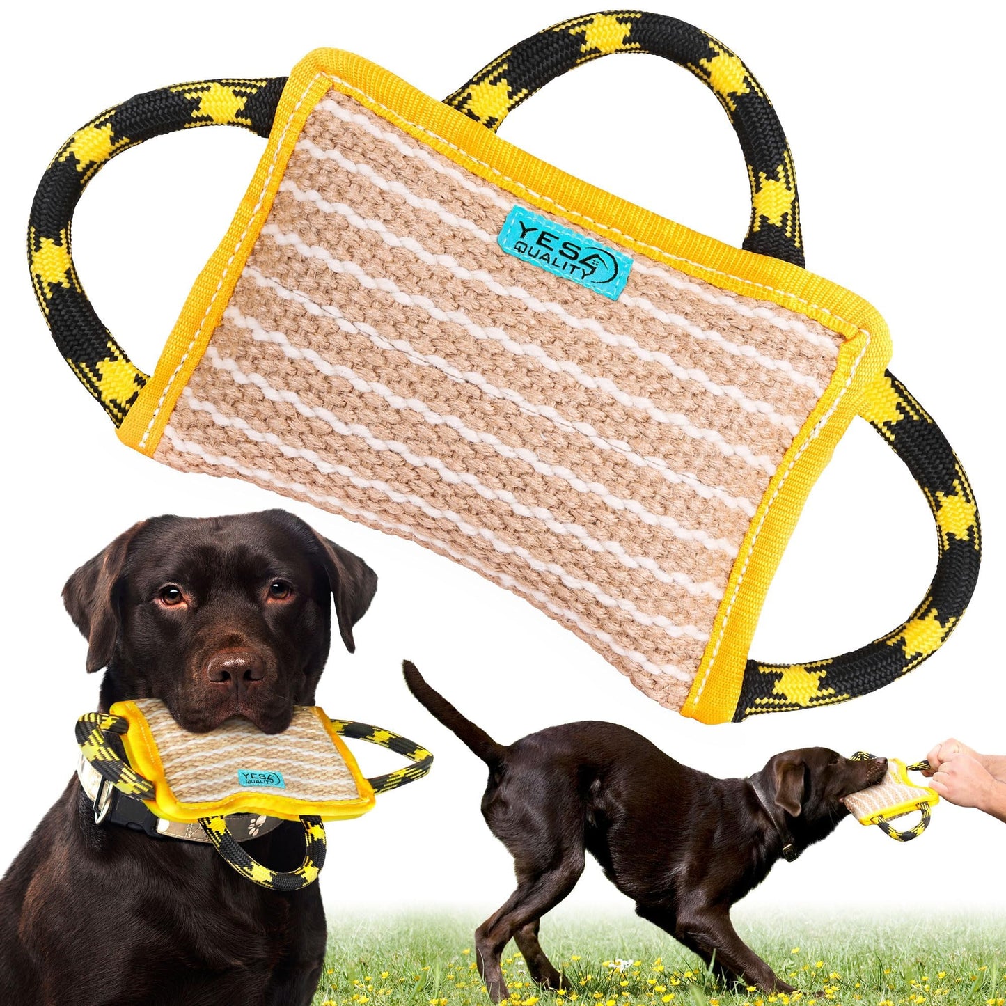 YES4QUALITY Durable Dog Bite Pillow - 10"x7" - Safe Biting Pad with 3 Strong Handles - Tough Jute Tug Toy for Medium to Large Dogs - Ideal for Tug of War, K9, Schutzhund & Puppy Training