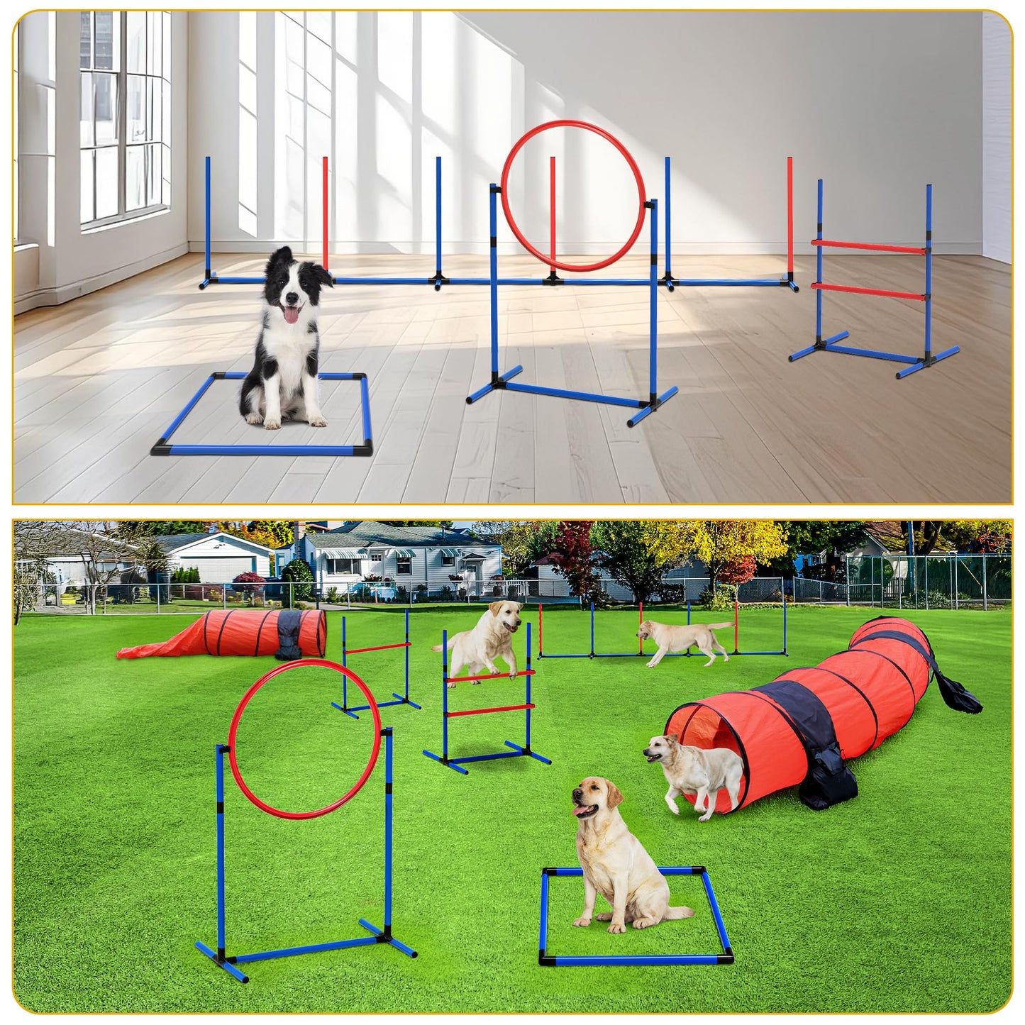 DWVO Dog Agility Accessories Kit: Comprises of a Teaser Pole, 3 Hurdles, 3 Flying Discs, 6 Weaving Poles, 2 Agility Tunnels, Pause Box, Full Set of Agility Equipment for Backyard Indoors Outdoors
