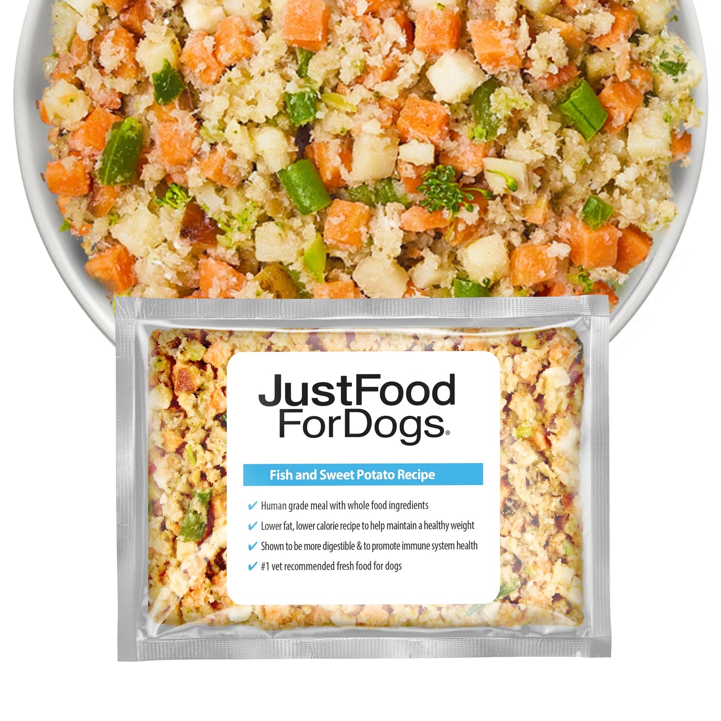 JustFoodForDogs Frozen Fresh Dog Food, Complete Meal or Dog Food Topper, Fish & Sweet Potato Human Grade Dog Food Recipe, 18 oz (Pack of 21)
