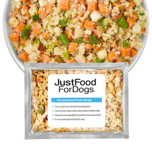 JustFoodForDogs Frozen Fresh Dog Food, Complete Meal or Dog Food Topper, Fish & Sweet Potato Human Grade Dog Food Recipe, 18 oz (Pack of 21)