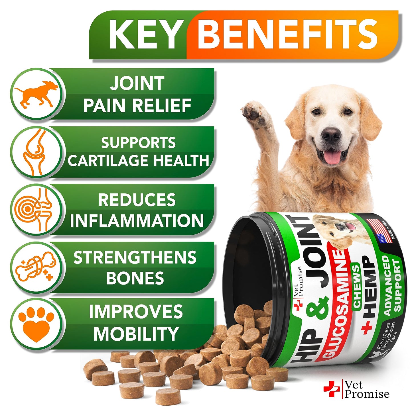 Vet Promise Hemp Hip and Joint Support Supplement for Dogs - Glucosamine for Dogs - Hemp Oil, MSM, Chondroitin - Support for Joint Pain Relief and Health - 120 Soft Chews - Made in USA