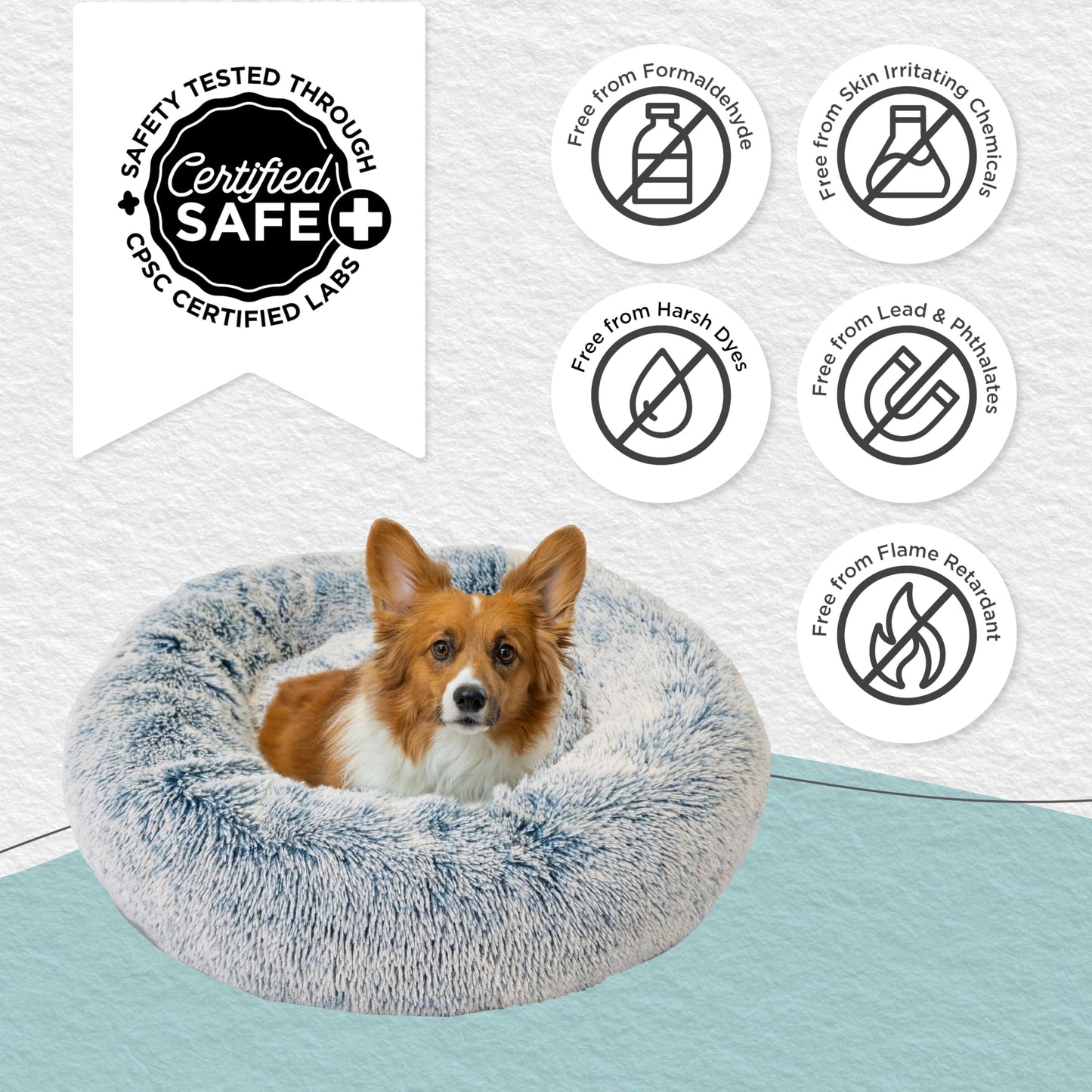Best Friends by Sheri Original Calming Donut Dog and Cat Bed, Shag Faux Fur, Denim Blue, (30in x 30in) - Anxiety Relief for Pets Up to 45 lbs