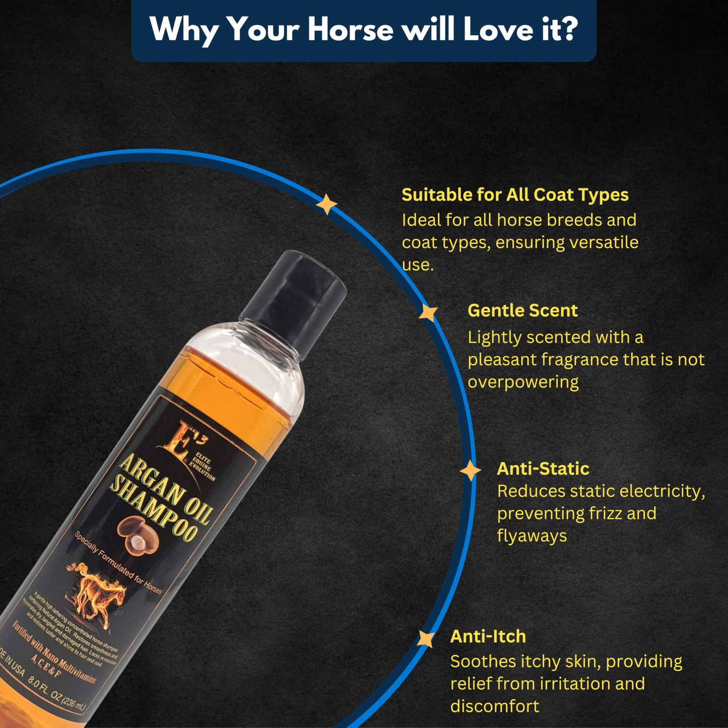 E3 Argan Oil Shampoo + Conditioner 8 oz - E3 Argan Oil Shampoo for Horses - Deep Moisturizing, Strengthens Hair, Enhances Shine, Gentle Formula, Vet Approved