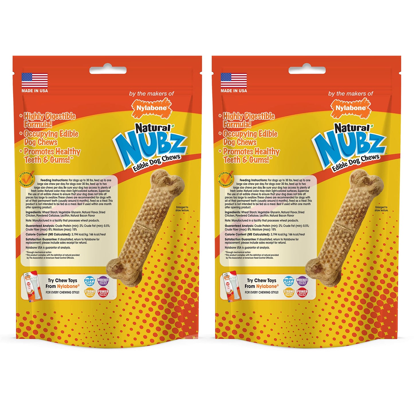 Nylabone Nubz Natural Edible Chew Treats for Dogs, Made in USA, Chicken Flavor, Large - Up to 50 lbs. (40 Count)