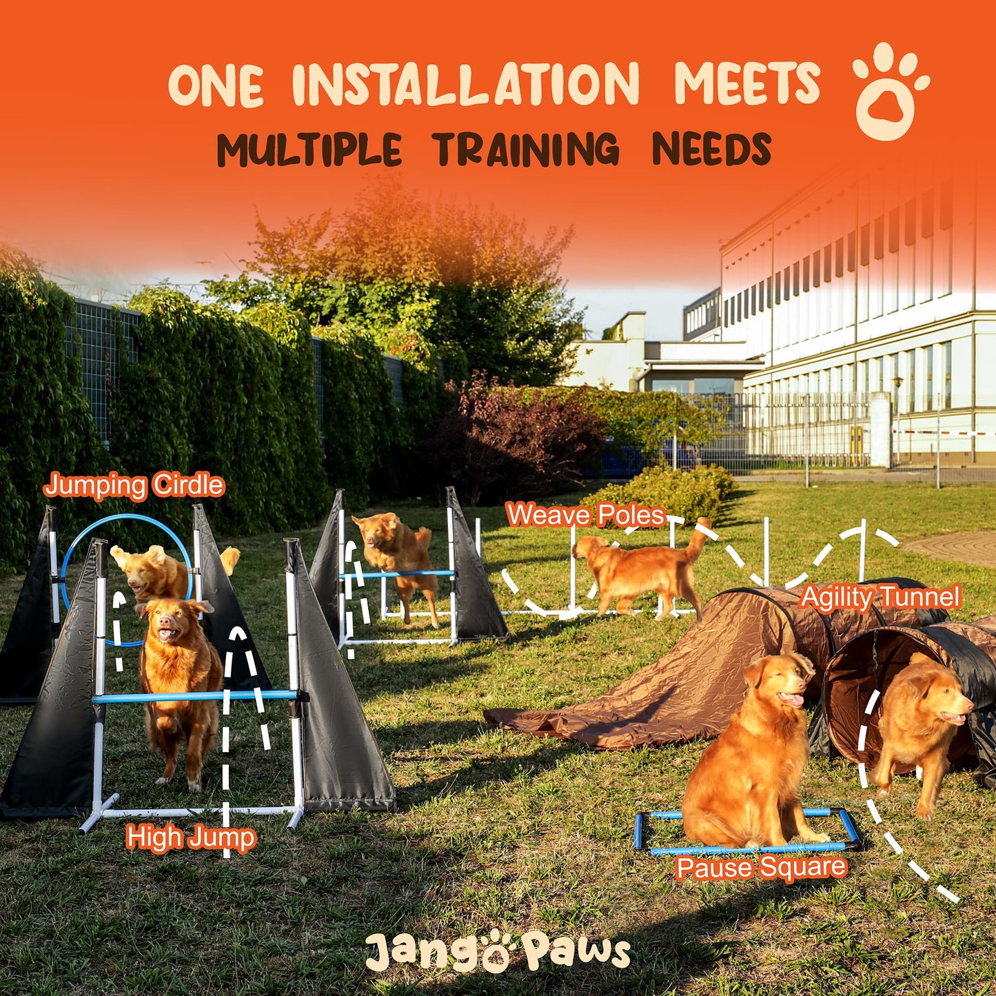 Jango Paws Premium Agility Training Equipment for Dogs - 14pc Complete Dog Training Set with Agility Jumps, Durable Tunnels, Weave Pole - Indoor and Outdoor Dog Exercise and Obstacle Course