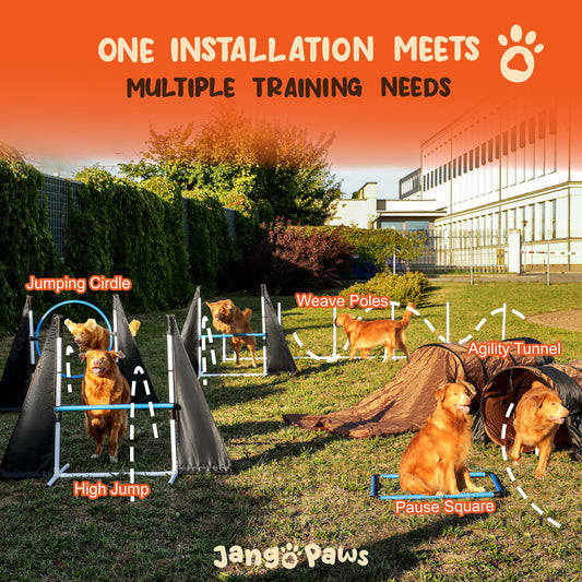 Jango Paws Premium Agility Training Equipment for Dogs - 14pc Complete Dog Training Set with Agility Jumps, Durable Tunnels, Weave Pole - Indoor and Outdoor Dog Exercise and Obstacle Course