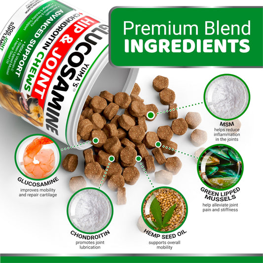 YUMA'S Glucosamine for Dogs - Hip and Joint Supplement for Dogs - 170 Ct - Glucosamine Chondroitin Chews - Joint Pain Relief Supplement with MSM - Advanced Health - Mobility Support - Made in USA