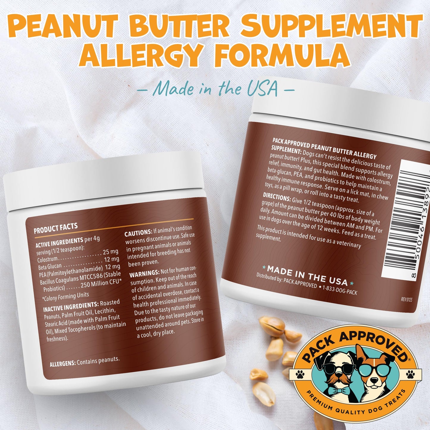 Pack Approved Dog Peanut Butter - Aids Dog Itching Skin Relief & Allergy Support with Colostrum - Contains Probiotics for Dogs Allergies and Itchy Skin - Allergy (239g)