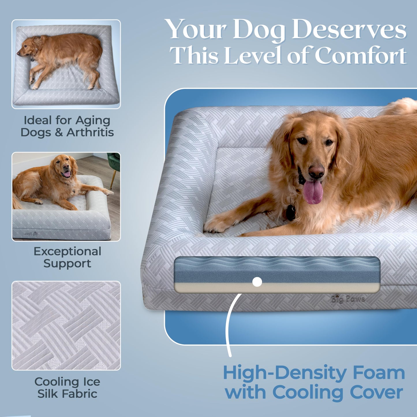 Big Paws Large Cooling Orthopedic Dog Bed for Large Dogs - Ice Silk Cooling Cover, 5 Waterproof Liners, Non-Slip Bottom, Raised Bolsters, Machine Washable Dog Bed - Gray