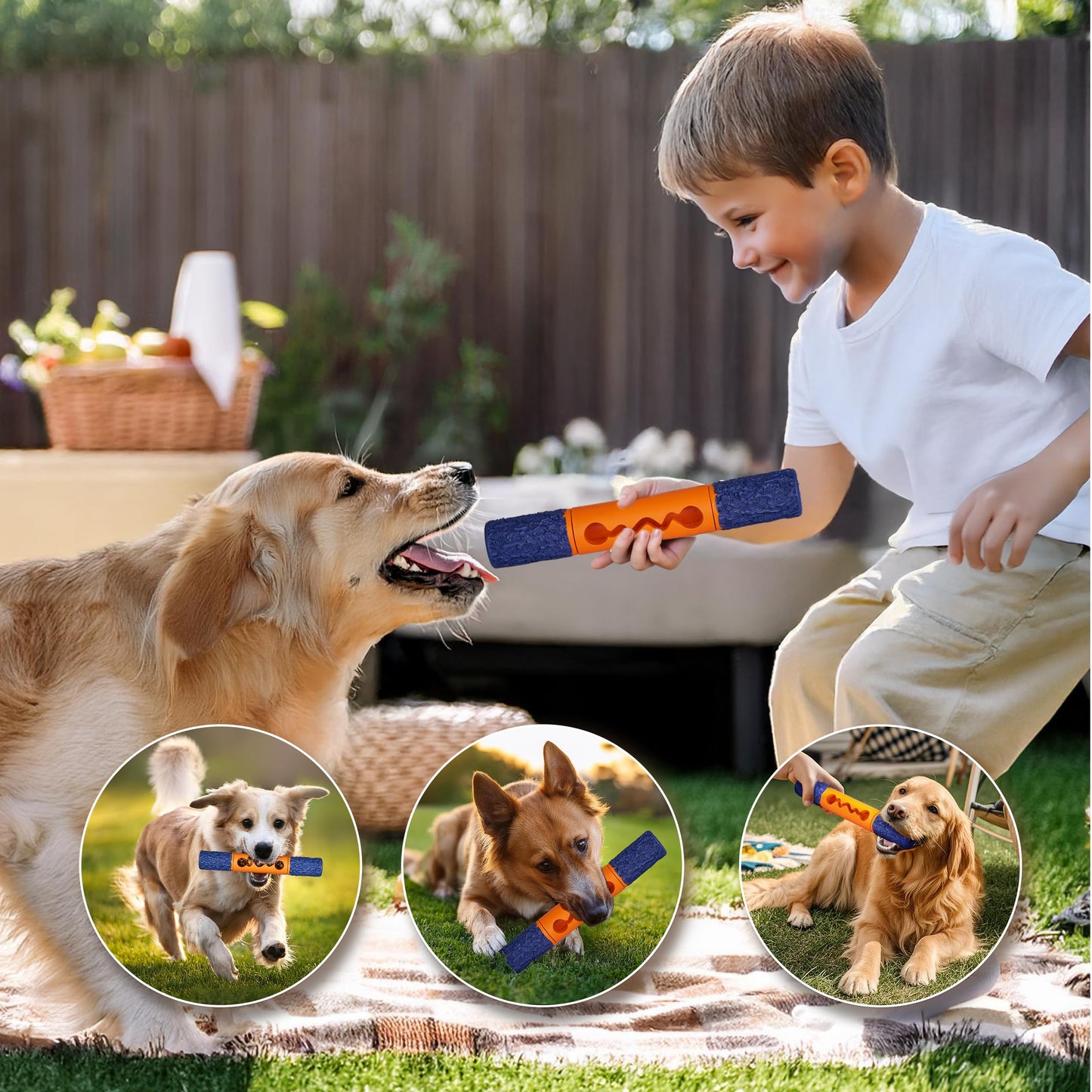 PETOPIA Stick Interactive Dog Toy 9” in Outdoor Dog Toy for Aggressive Chewers Tough Natural Rubber Chew Toys (Blue&Orange)