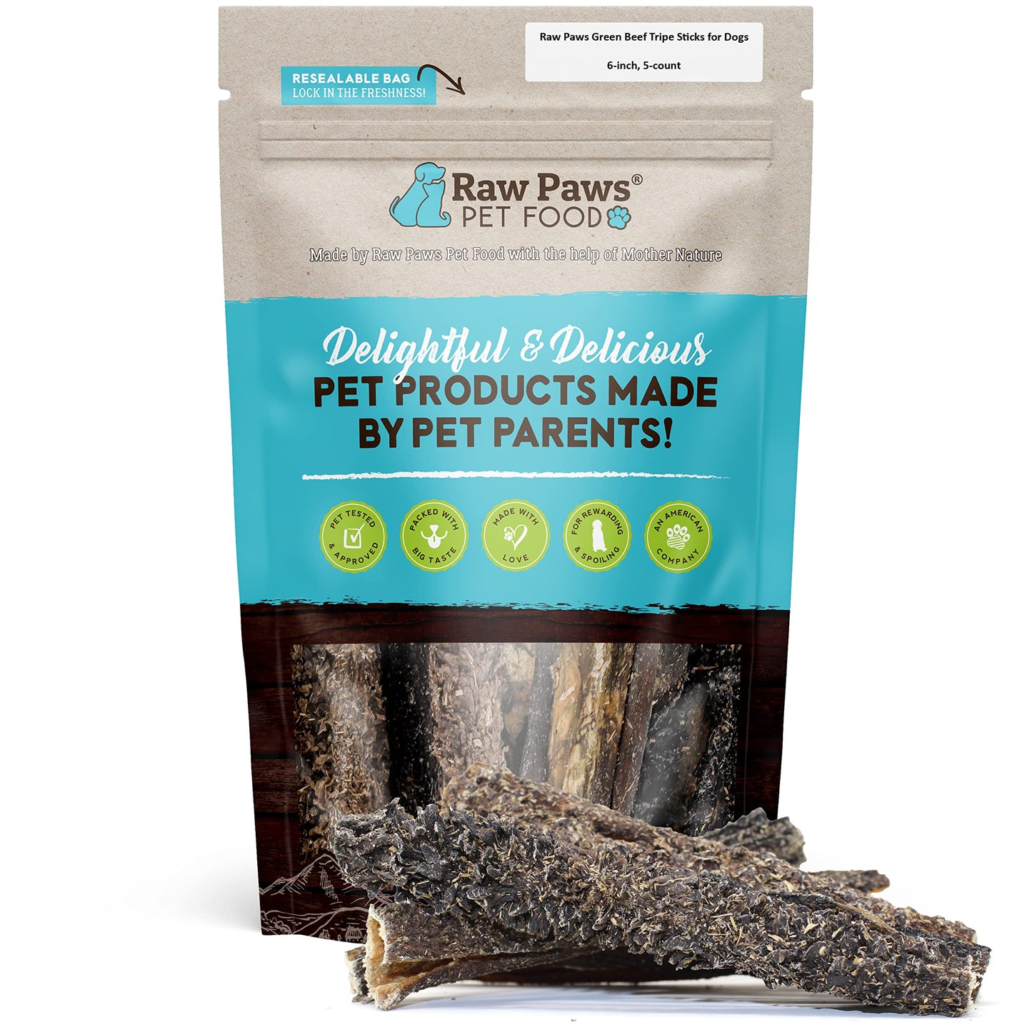 Raw Paws Green Beef Tripe Sticks for Dogs - 6-Inch (5-Count) - Packed in USA - Dried Tripe Dog Treats from Free-Range, Cows No Added Antibiotics or Hormones - Dehydrated Beef Green Tripe for Dogs