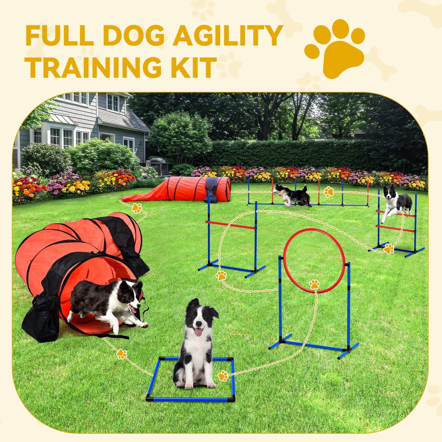 DWVO Dog Agility Accessories Kit: Comprises of a Teaser Pole, 3 Hurdles, 3 Flying Discs, 6 Weaving Poles, 2 Agility Tunnels, Pause Box, Full Set of Agility Equipment for Backyard Indoors Outdoors