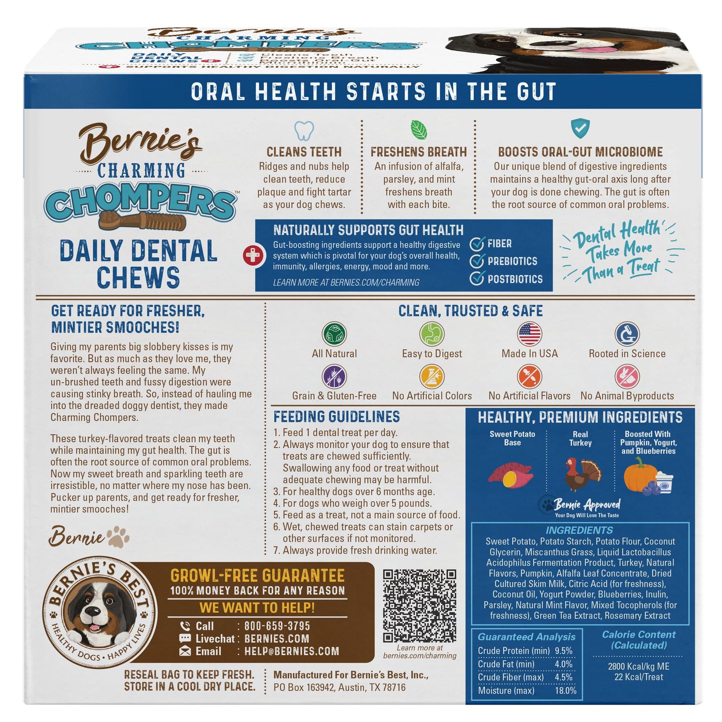 Bernie's Charming Chompers - Daily Dental Chews for Dogs - Cleans Teeth, Freshens Breath, + Boosts Oral-Gut Microbiome. Easy to Digest, Supports Healthy Digestion Naturally (36 oz, Tiny Dogs)