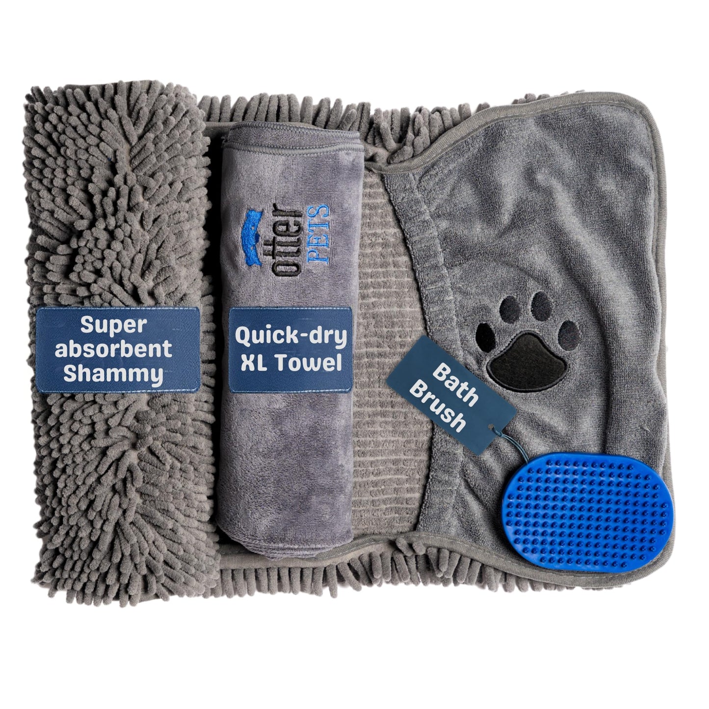 OtterPets 3 Piece Set: 2 Dog Towels and Dog Bath Brush. Dog Shammy and Microfiber Dog Towel. Super Absorbent Towels, Dog Bath Supplies, Dog Scrubber for Bath