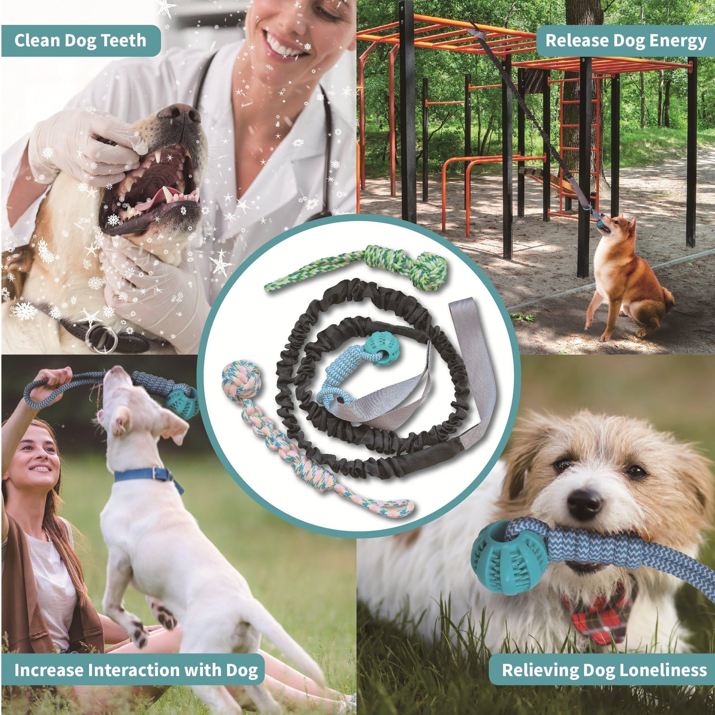 TUFEZIAN Interactive Dog Toys Rope Tug of War Dog Toy for Small Medium Large Dogs,Dog Stakes for Outside,Indoor Tug War Rope Dog Toy,Dog Bungee Tug Toy with 3 Chew Rope, green black