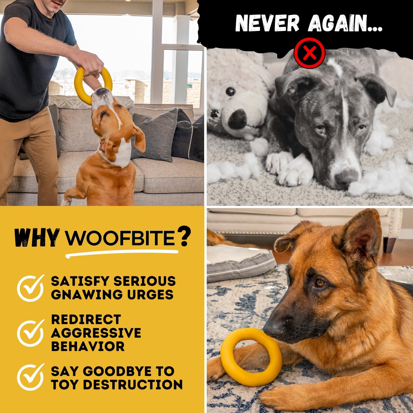 WoofBite Indestructible Dog Chew Toy - Lifetime Replacement - Durable Toy for Aggressive Chewers - Safe Non-Toxic Natural Rubber - Chew, Tug & Fetch - Tough, Heavy Duty - Med/Large Breed, 6.5”x1.25”