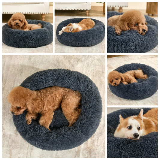 Kimpets Dog Calming Beds for Small Medium Large Dogs - Round Donut Washable Puppy Dog Bed, Anti-Slip Faux Fur Fluffy Donut Cuddle Anxiety Cat Pet Bed(20" Dark Grey)