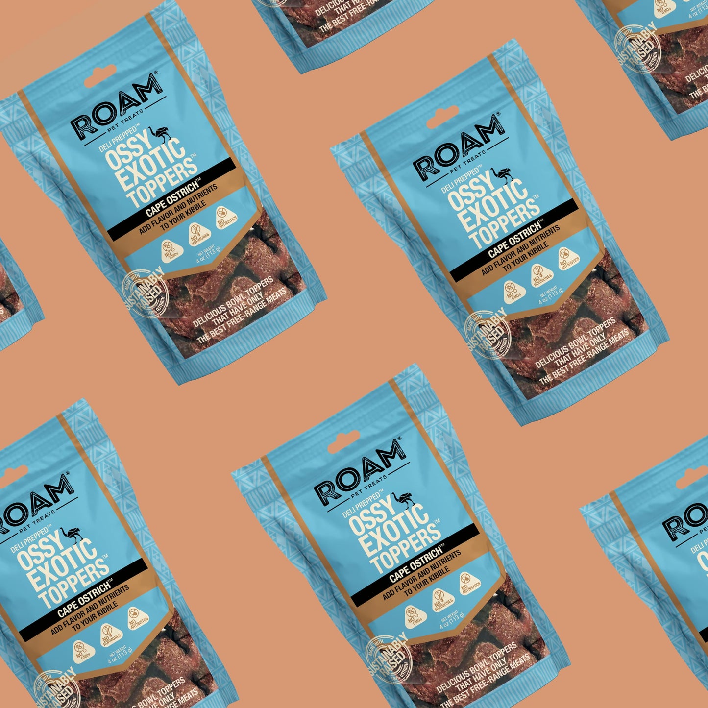 ROAM Pet Treats Ossy Exotic Dog Topper - Single Protein, Sustainably Raised Ostrich Meat Dog Food Topper - Non-GMO Ostrich Dog Treat 4 Ounce