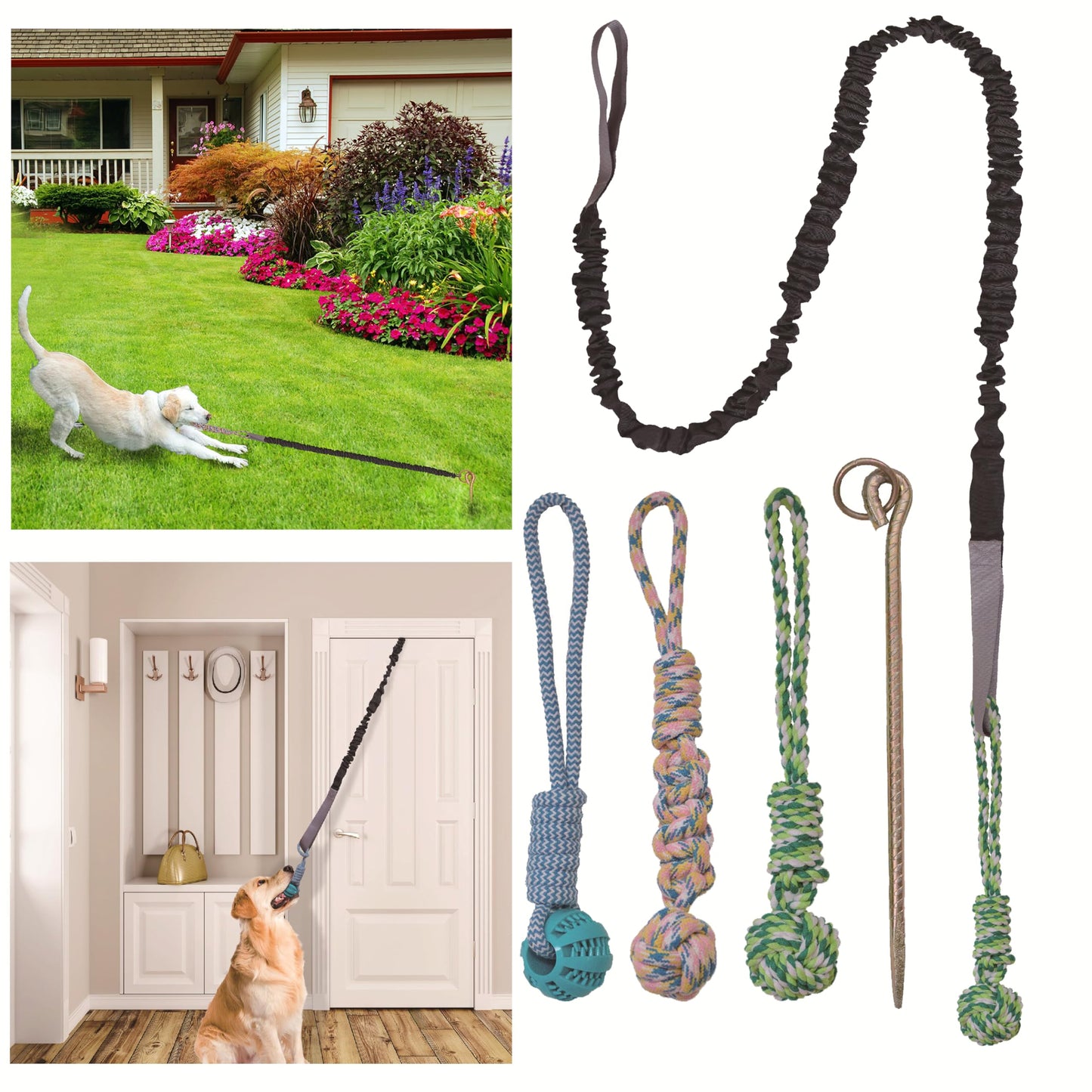 TUFEZIAN Interactive Dog Toys Rope Tug of War Dog Toy for Small Medium Large Dogs,Dog Stakes for Outside,Indoor Tug War Rope Dog Toy,Dog Bungee Tug Toy with 3 Chew Rope, green black