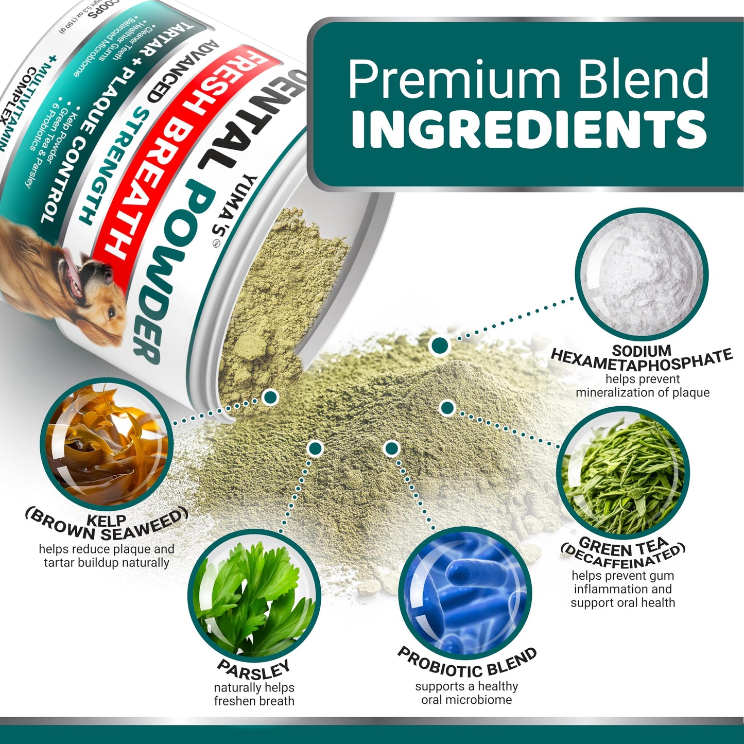 Advanced Dog Dental Powder, Breath Freshener, Dog Teeth Cleaning Powder, Bad Breath & Tartar and Plaque Off Remover for Dogs with Probiotics lab co, Pet Oral Care - 60 Scoops - Made in USA