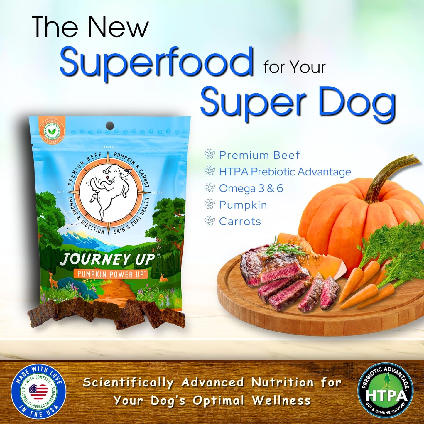 HappyTails Journey Up, Pumpkin Power Up Jerky Treats for Dogs with Beef, Pumpkin & Carrots-Made in USA-Prebiotics for Gut & Immune Health, Omega 3 & 6 for Skin & Coat, Small-Large Dogs, 6 oz.