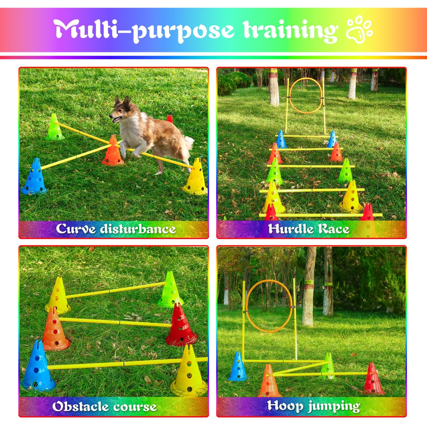 DiDiBirDi 6 Sets Dog Agility Hurdle Cone Set, Adjustable Obstacle Training for Puppy, Pet Crossbar Combo for Beginners for Backyard, 5 Sets x Pole Obstacles,1 Set x Hoop Jump