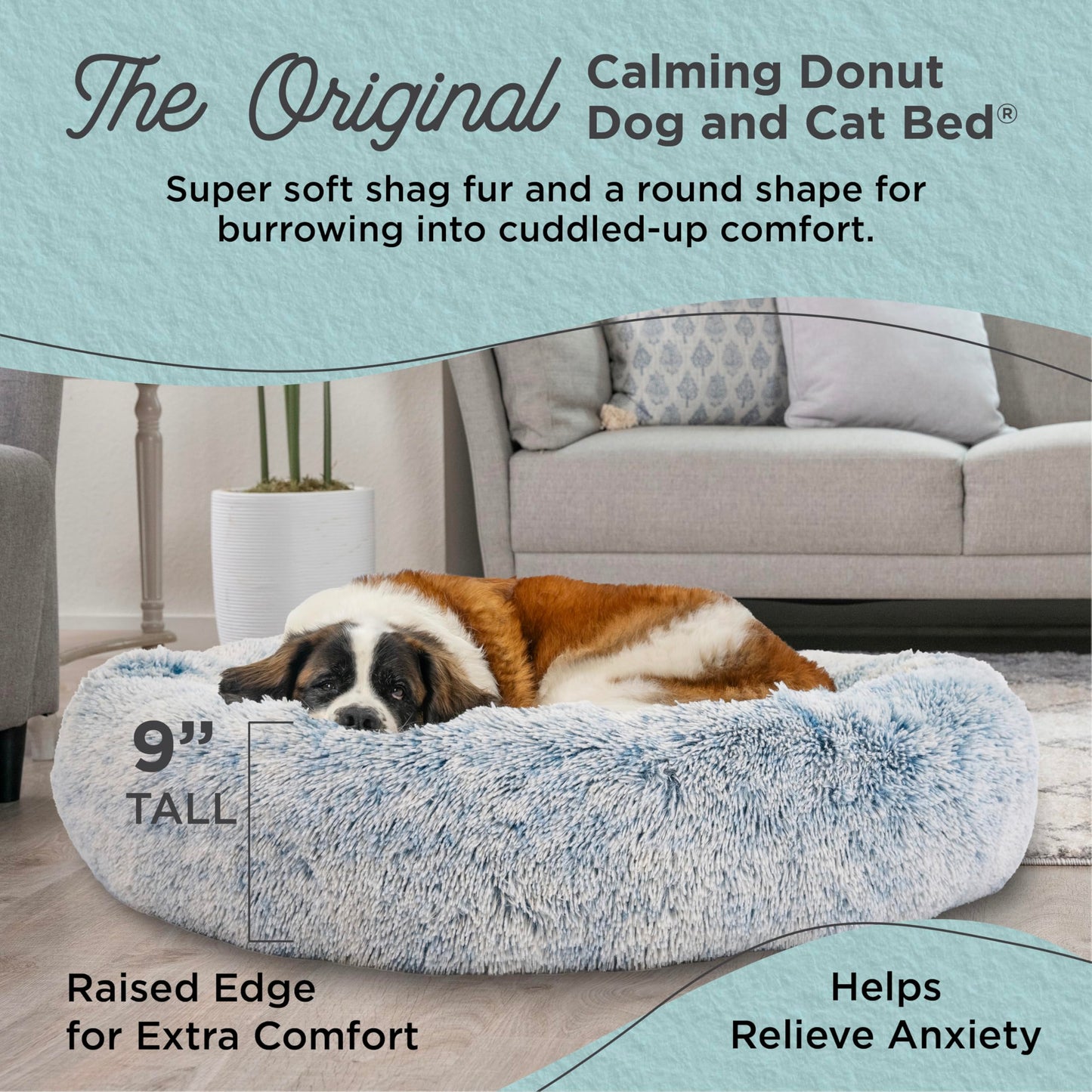 Best Friends by Sheri Original Calming Donut Dog and Cat Bed, Shag Faux Fur, Denim Blue, XL (45in x 45in) - Anxiety Relief for Pets Up to 150 lbs