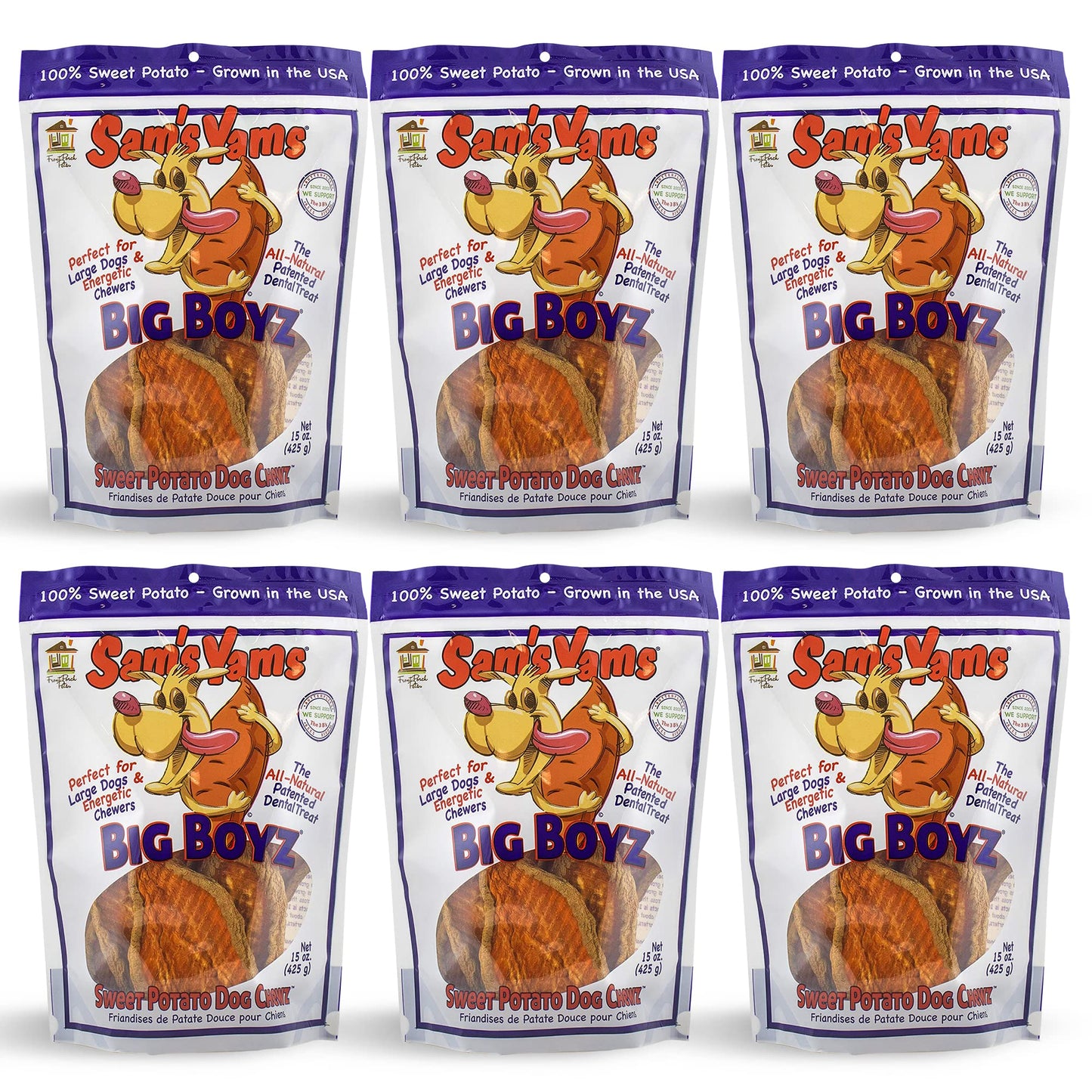 Sams Yams Sweet Potato Dog Treats, Healthy Dog Treats for Large Dogs - Sweet Potato Dog Treats Made in USA, High Fiber, Vegan Dental Chews - Big Boyz, Sweet Potato Dog Chewz, 15oz (Pack of 6)