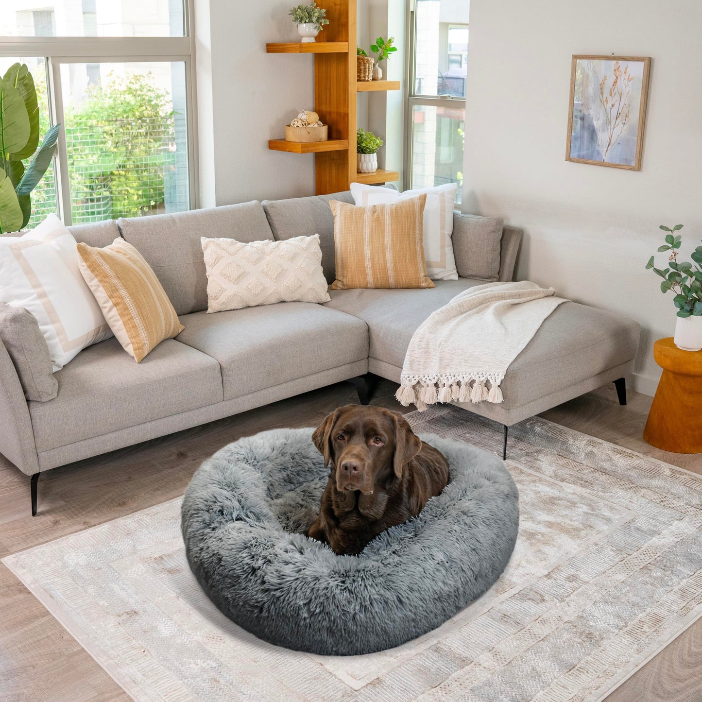Best Friends by Sheri Original Calming Donut Dog and Cat Bed, Shag Faux Fur, Gray, (36in x 36in) - Anxiety Relief for Pets Up to 100 lbs