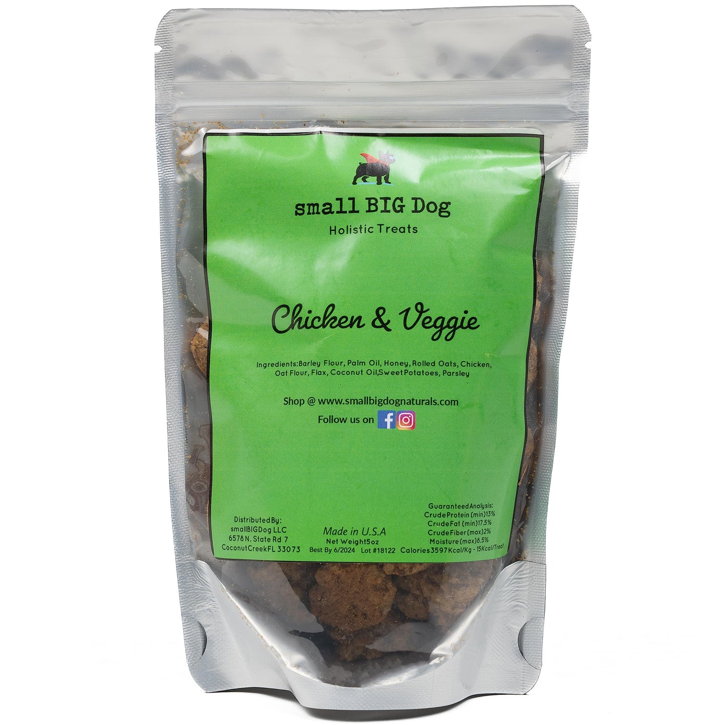 Small Big Dog Chicken & Veggie Treats, Soft, 5 oz., Wheat-Free, 100% Natural Ingredients, Delicious, Great for Senior Dogs and Those with Teeth Issues, Parsley Helps with Bad Breath, and Sweet Potato