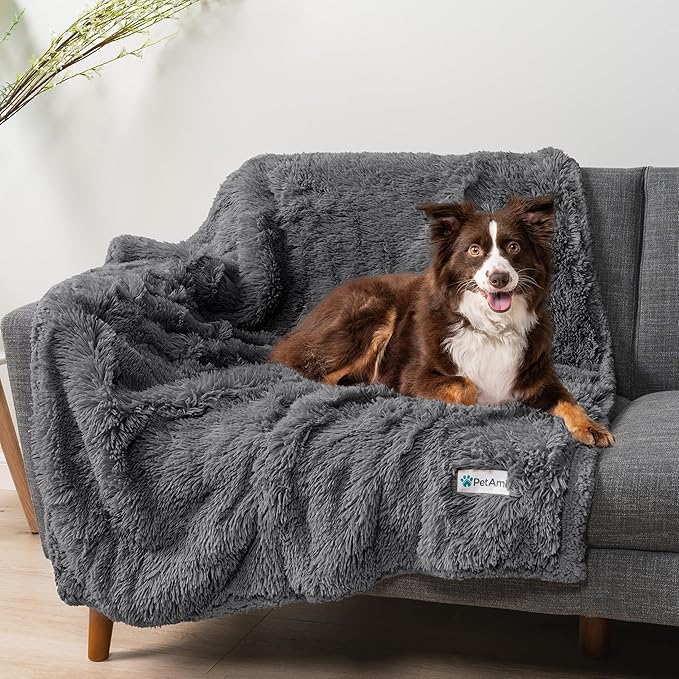 PetAmi Waterproof Dog Blanket for Large Dog, Queen Size Calming Pet Blanket Couch Cover Protector, Sherpa Faux Fur Cat Throw for Sofa Furniture Bed, Soft Fluffy XL, 90x90 Gray