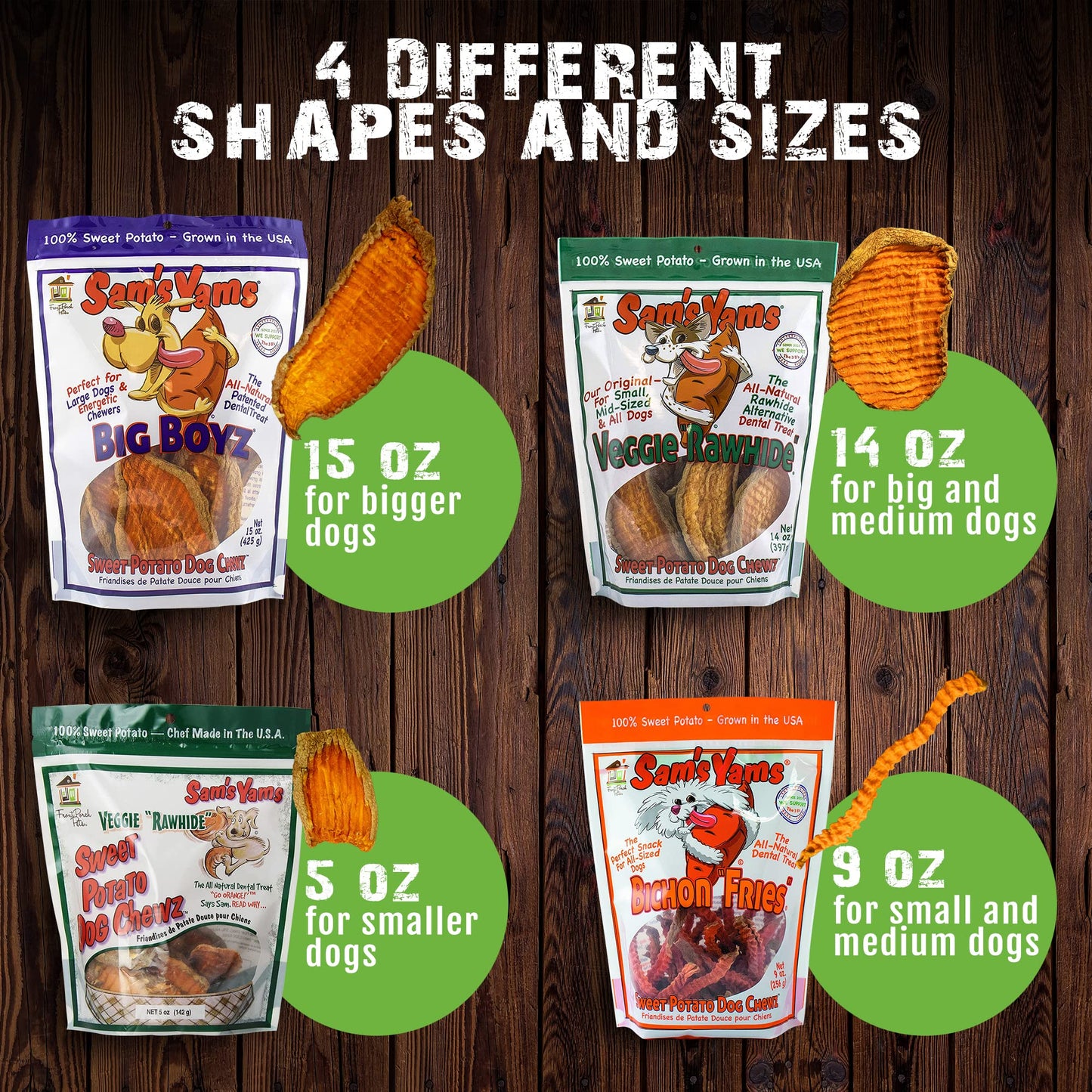 Sams Yams Sweet Potato Dog Treats, Healthy Dog Treats for Large Dogs - Sweet Potato Dog Treats Made in USA, High Fiber, Vegan Dental Chews - Big Boyz, Sweet Potato Dog Chewz, 15oz (Pack of 6)