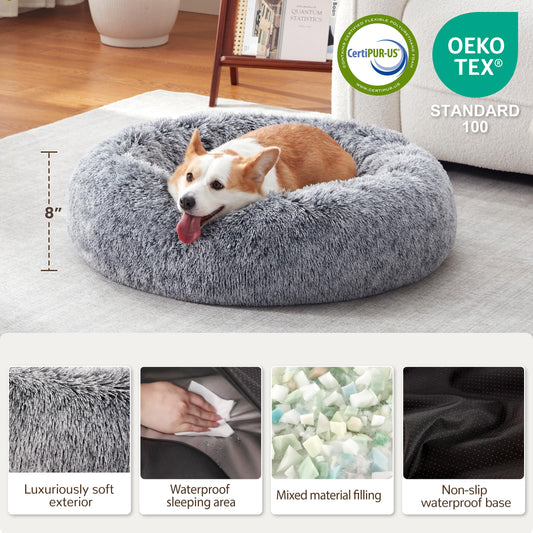 Warmrest Calming Dog Bed - Donut Washable Medium Size Round Pet Bed for Dogs and Cats, 30 inches Anti-Slip Fluffy Faux Fur Plush Cat Bed, Anti-Anxiety Cushion with Anti-Slip Bottom