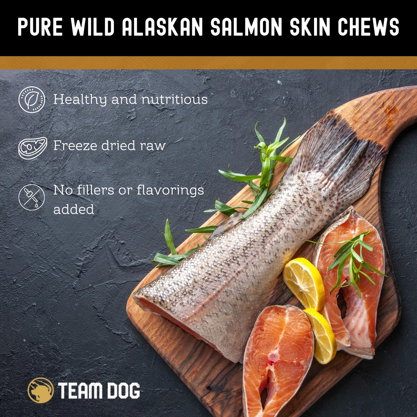 Team Dog Wild Alaskan Salmon Skin Treats for Dogs | Gluten Free, Grain Free, Single Ingredient | Freeze-Dried Raw Dog Treats Rich in Omega 3 | Promotes Healthy Skin & Coat | 4 Dog Chews per Bag