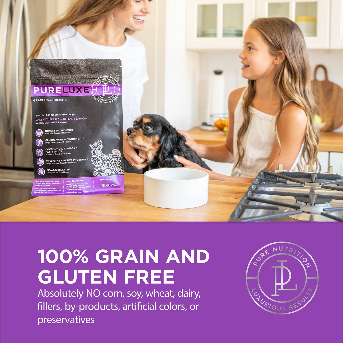PURELUXE Grain and Gluten Free Dog Food, Turkey, Split Peas, and Salmon Elite Nutrition, for Small Breed Dogs at All Life Stages, Made in The USA, 4lbs